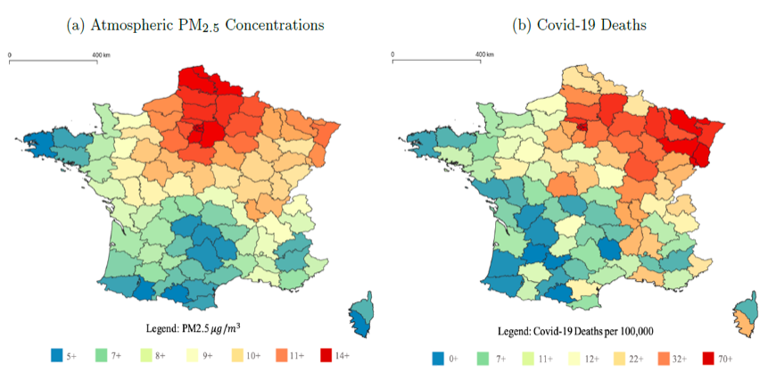 A map of air pollution and a map of Covid deaths in France